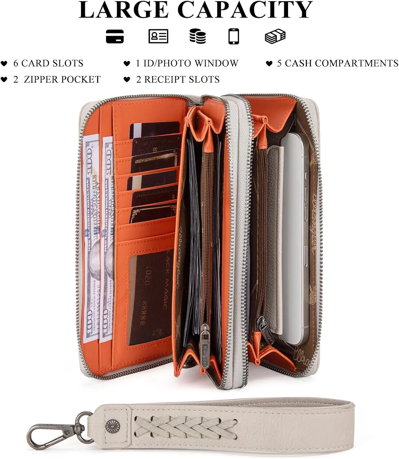 Montana West X Wrangler Large Capacity Women Wristlet Dual Zipper Wallet with Id Window and Smooth Metal Zipper