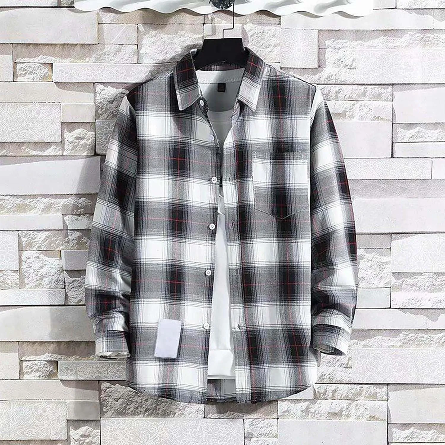 Muyise Mens Button Down Shirts Cotton Long Sleeve Paid Shirts Regular Fit Casual Lightweight Work Office Shirts with Pocket