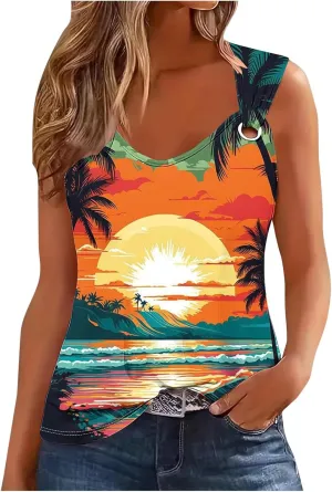 Mzkdieey Women's Sunset Beach Palm Tree Tank Tops Sexy Hollow Out Sweet O Ring Camisole Summer Hawaiian Beach Tee Shirts