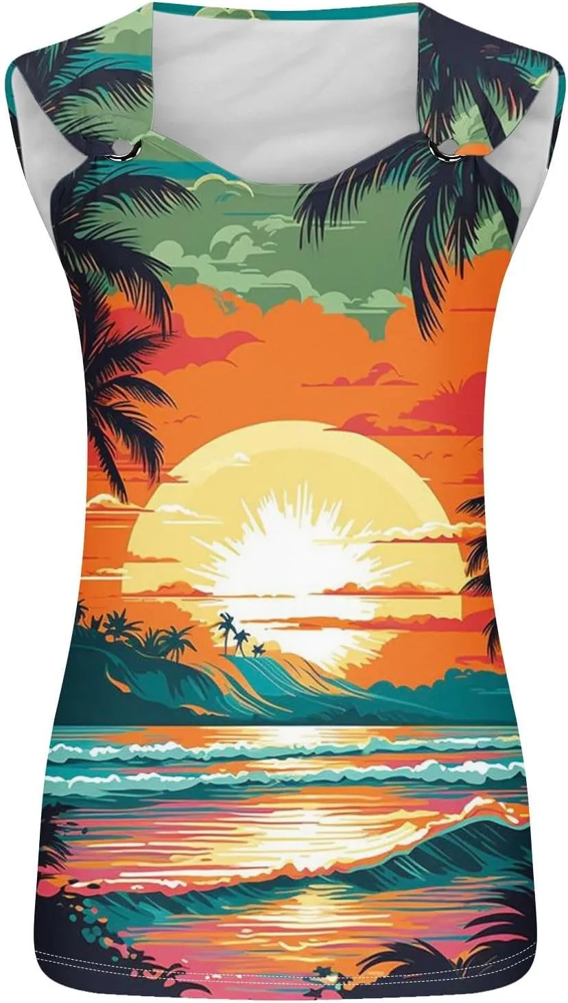Mzkdieey Women's Sunset Beach Palm Tree Tank Tops Sexy Hollow Out Sweet O Ring Camisole Summer Hawaiian Beach Tee Shirts