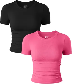 OQQ Womens 2 Piece Shirts Short Sleeve Crew Neck Ruched Stretch Fitted Tee Shirts Crop Tops
