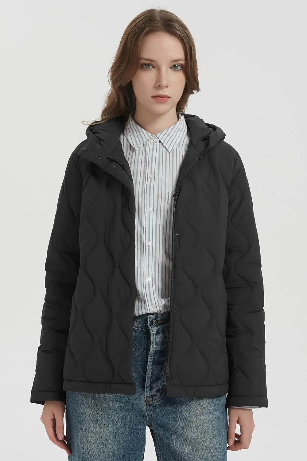 Orolay Women's Quilted Down Jacket Lightweight Hooded Puffer Coat Long Sleeve Warm Outerwear with Pockets