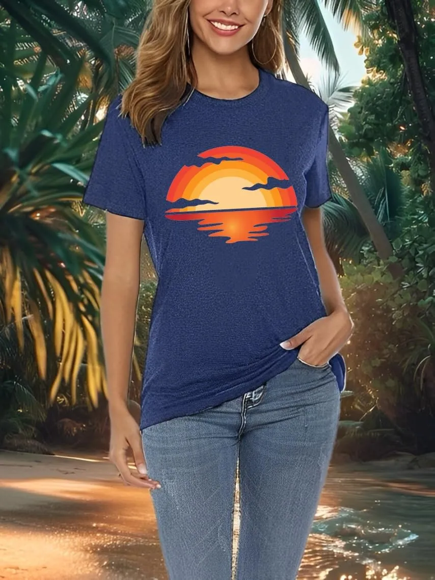 Outdoor Shirts for Women Retro Graphic Print Hiking Mountain T Shirts Summer Comfort Beach Hiking Workout Tee Tops