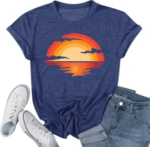 Outdoor Shirts for Women Retro Graphic Print Hiking Mountain T Shirts Summer Comfort Beach Hiking Workout Tee Tops