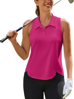 PINSPARK Women's Golf Shirt UPF 50  Sleeveless Tennis Polo V Neck Workout Tank Top Racerback Athletic T Shirts with Collar