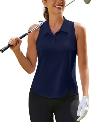 PINSPARK Women's Golf Shirt UPF 50  Sleeveless Tennis Polo V Neck Workout Tank Top Racerback Athletic T Shirts with Collar