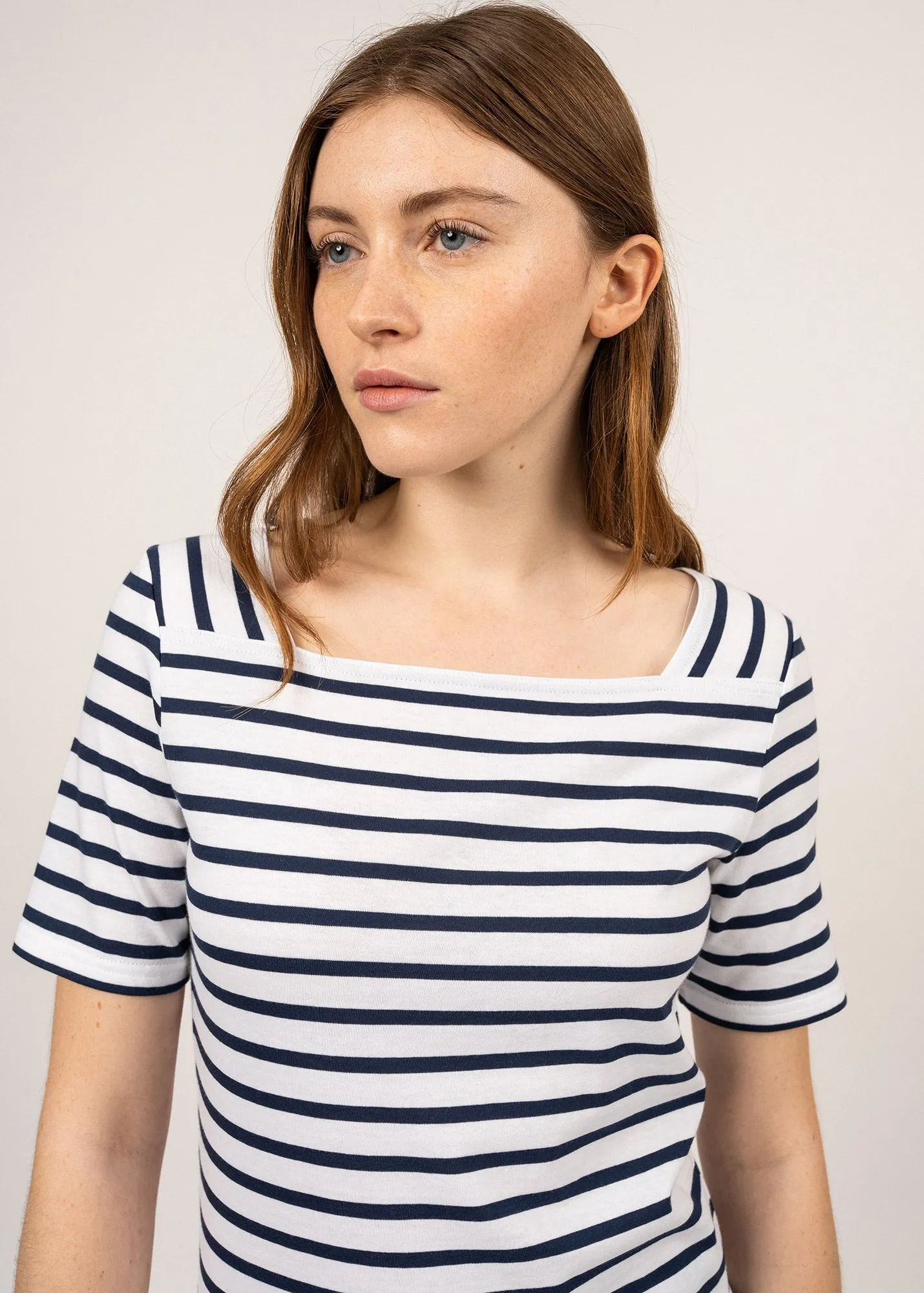 Plneuf square neck striped sailor shirt - short sleeves, in light cotton (NEIGE/MARINE)