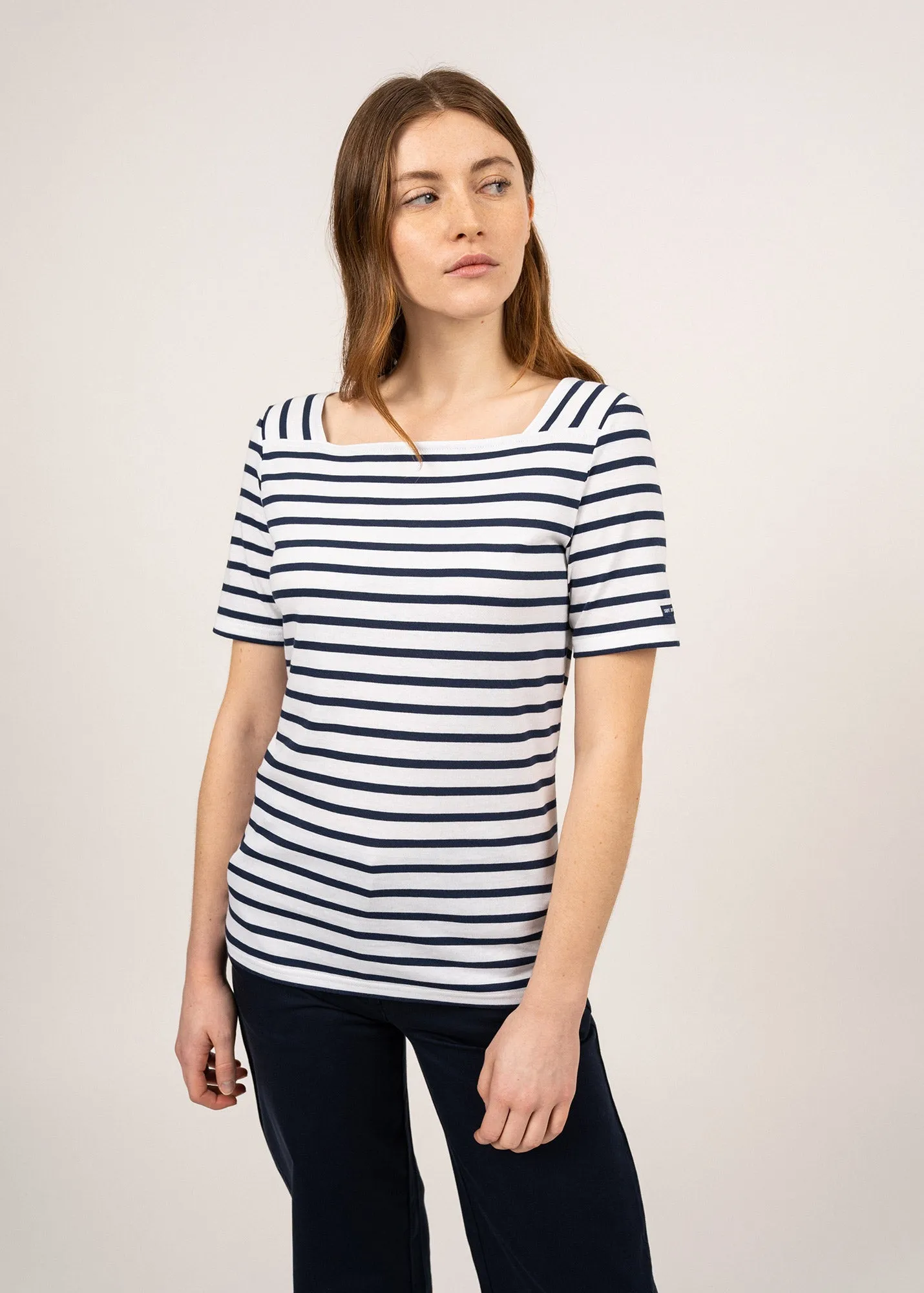 Plneuf square neck striped sailor shirt - short sleeves, in light cotton (NEIGE/MARINE)