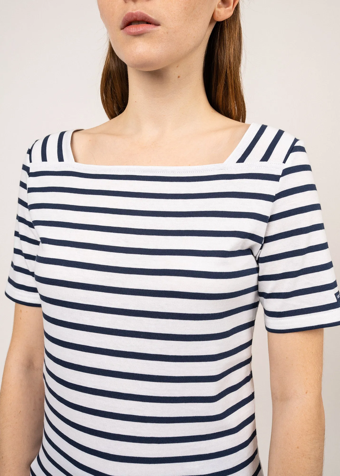 Plneuf square neck striped sailor shirt - short sleeves, in light cotton (NEIGE/MARINE)