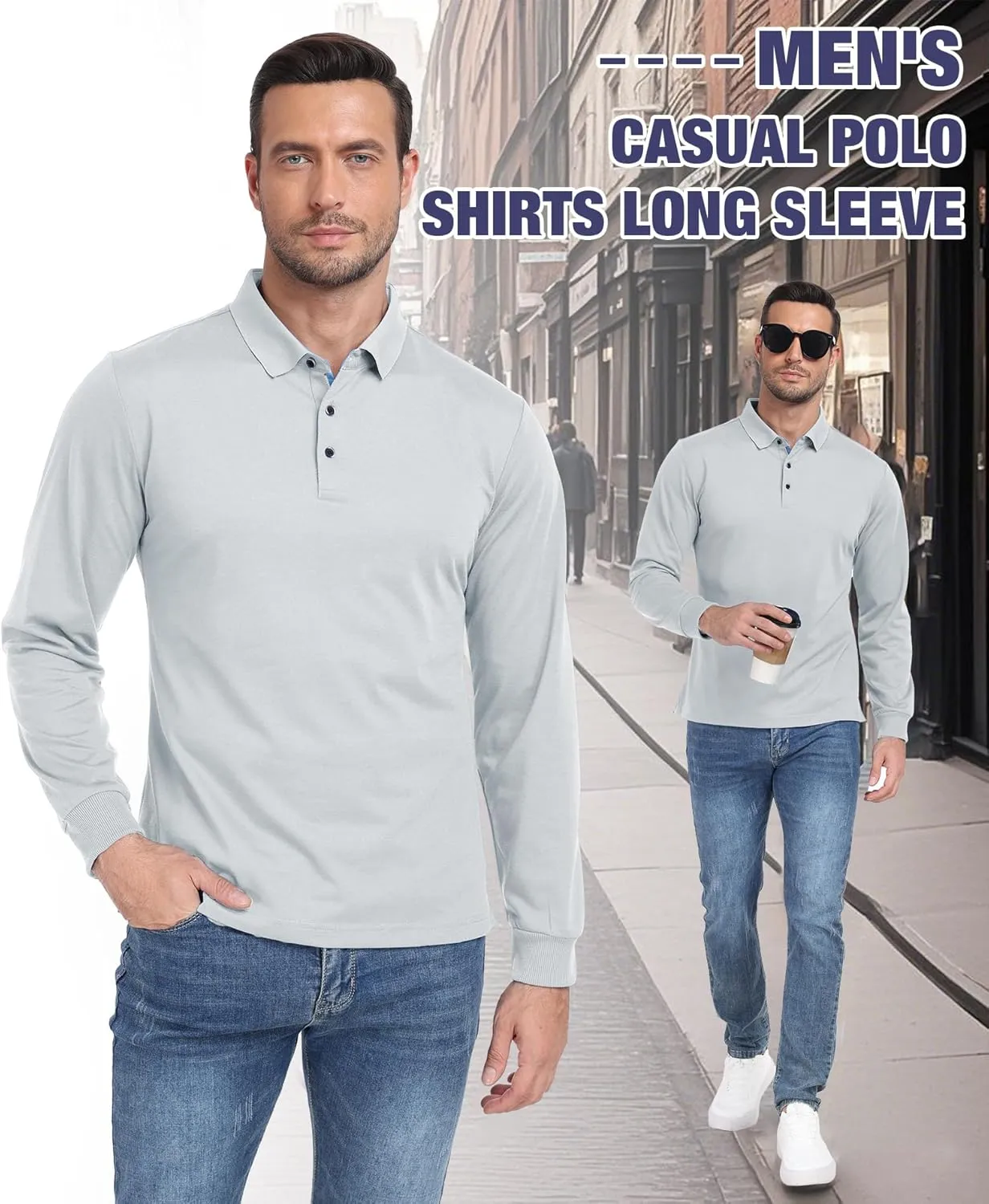 Polo Shirts for Men Long Sleeve Moisture Wicking Golf Polos Casual Travel Performance Collar Shirts