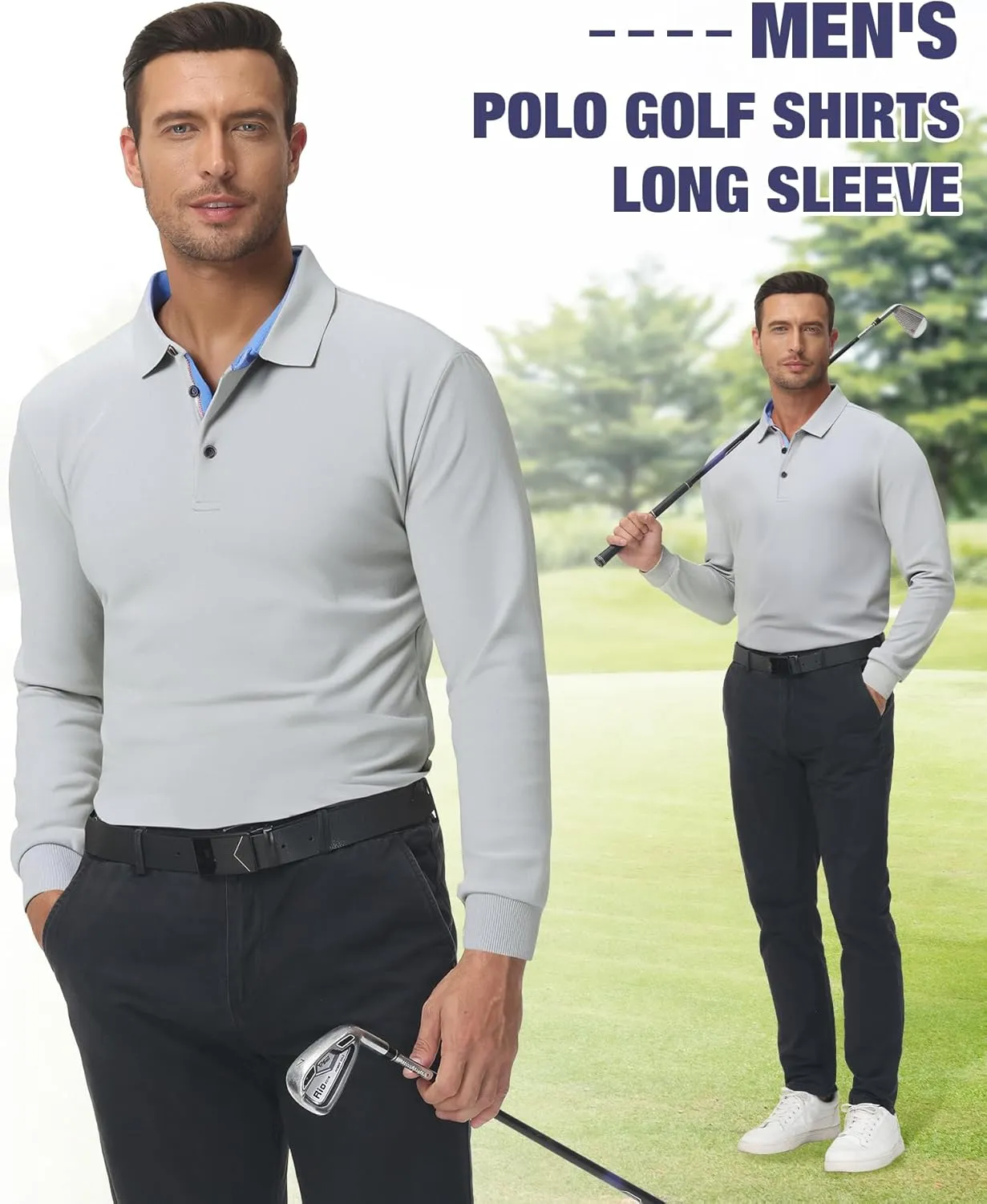 Polo Shirts for Men Long Sleeve Moisture Wicking Golf Polos Casual Travel Performance Collar Shirts