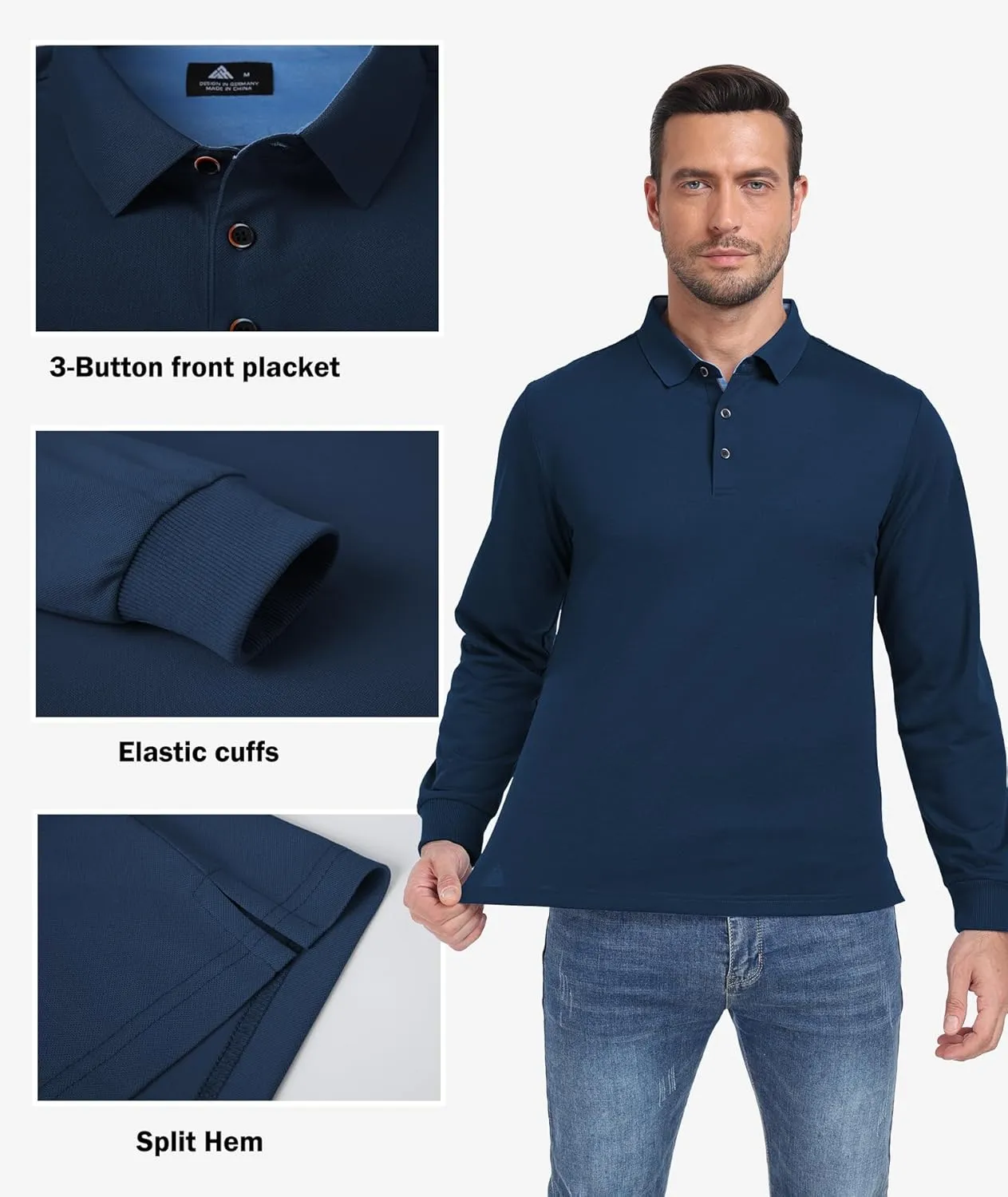 Polo Shirts for Men Long Sleeve Moisture Wicking Golf Polos Casual Travel Performance Collar Shirts