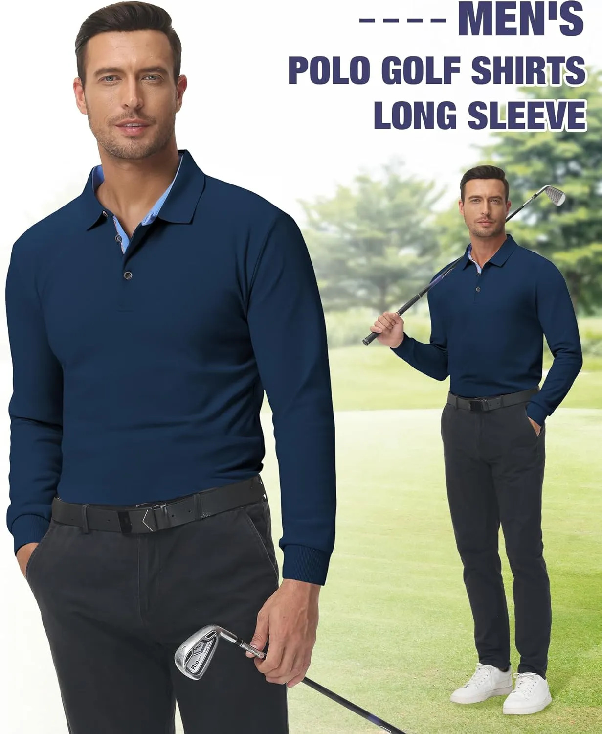 Polo Shirts for Men Long Sleeve Moisture Wicking Golf Polos Casual Travel Performance Collar Shirts