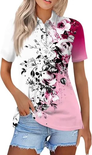 Polo Shirts for Women Short Sleeve Summer Fashion Tops Trendy Floral Print Plus Size Button-Down Tshirts