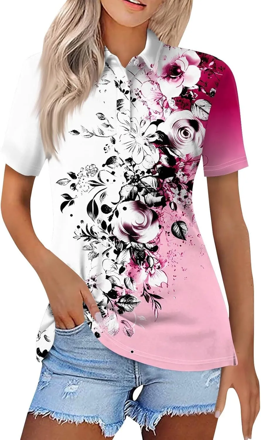 Polo Shirts for Women Short Sleeve Summer Fashion Tops Trendy Floral Print Plus Size Button-Down Tshirts