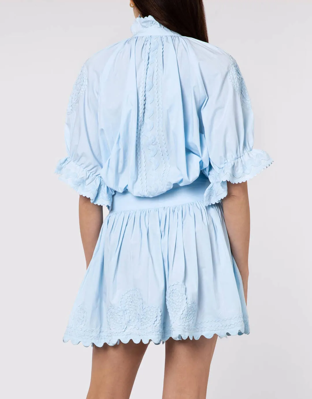 Poplin Blouson Dress with Ric-Rac Embroidery - Pale Blue
