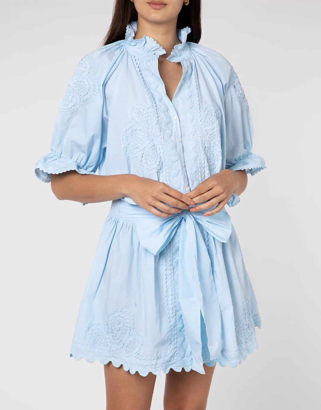 Poplin Blouson Dress with Ric-Rac Embroidery - Pale Blue