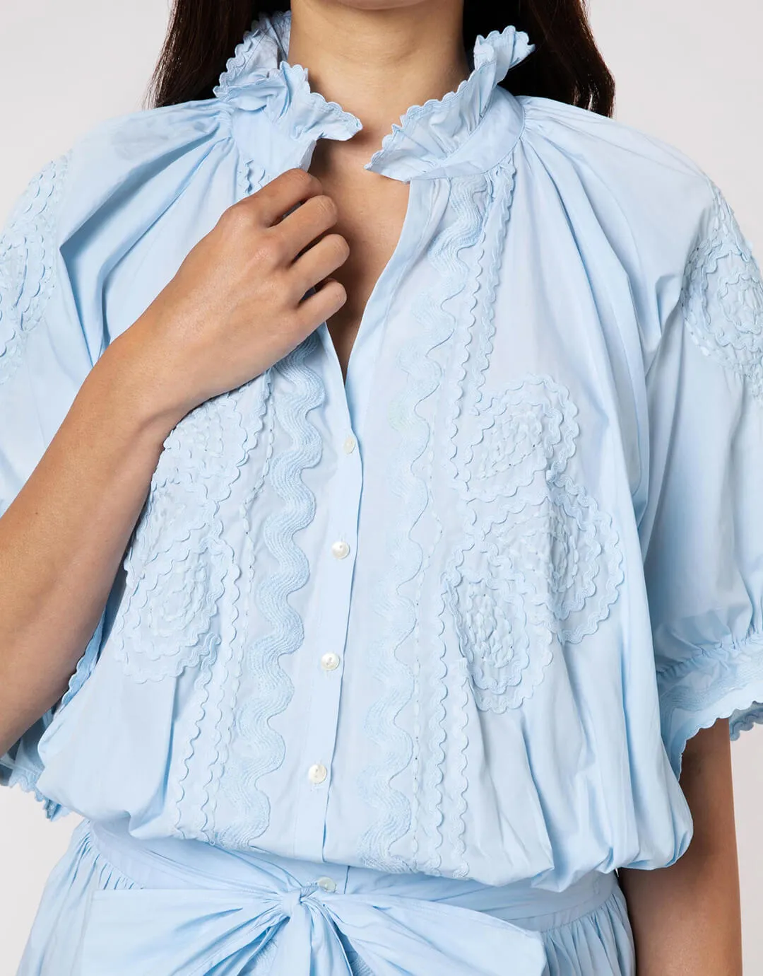 Poplin Blouson Dress with Ric-Rac Embroidery - Pale Blue