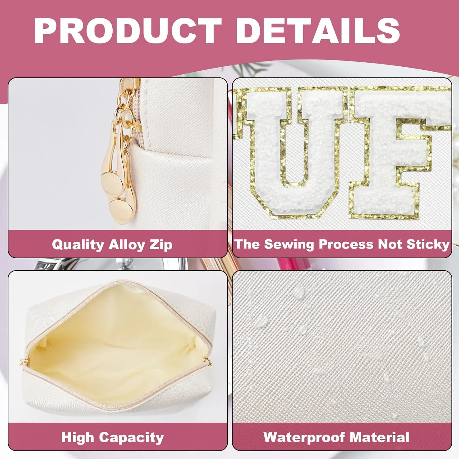 Preppy Patch Stuff Portable Makeup Bag Bulk Pu Leather Cosmetic Bag Waterproof Travel Organizer Zipper Pouch Storage Purse for Women Girls Gift (HZB-BS-STUFF)