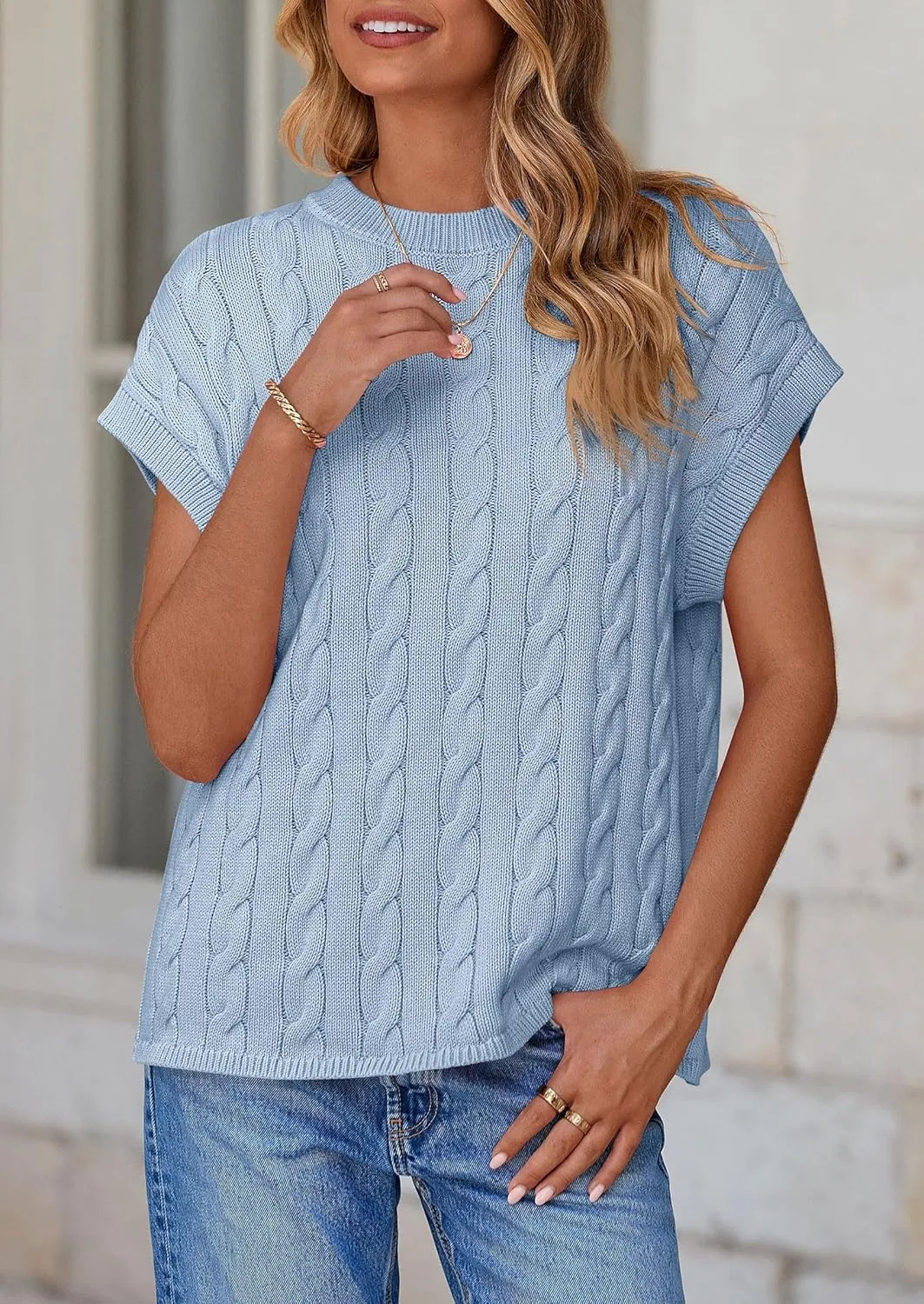 PRETTYGARDEN Women's Sweater Vest 2025 Summer Short Sleeve Tops Casual Crewneck Knit Oversized Pullover Trendy Spring Outfits