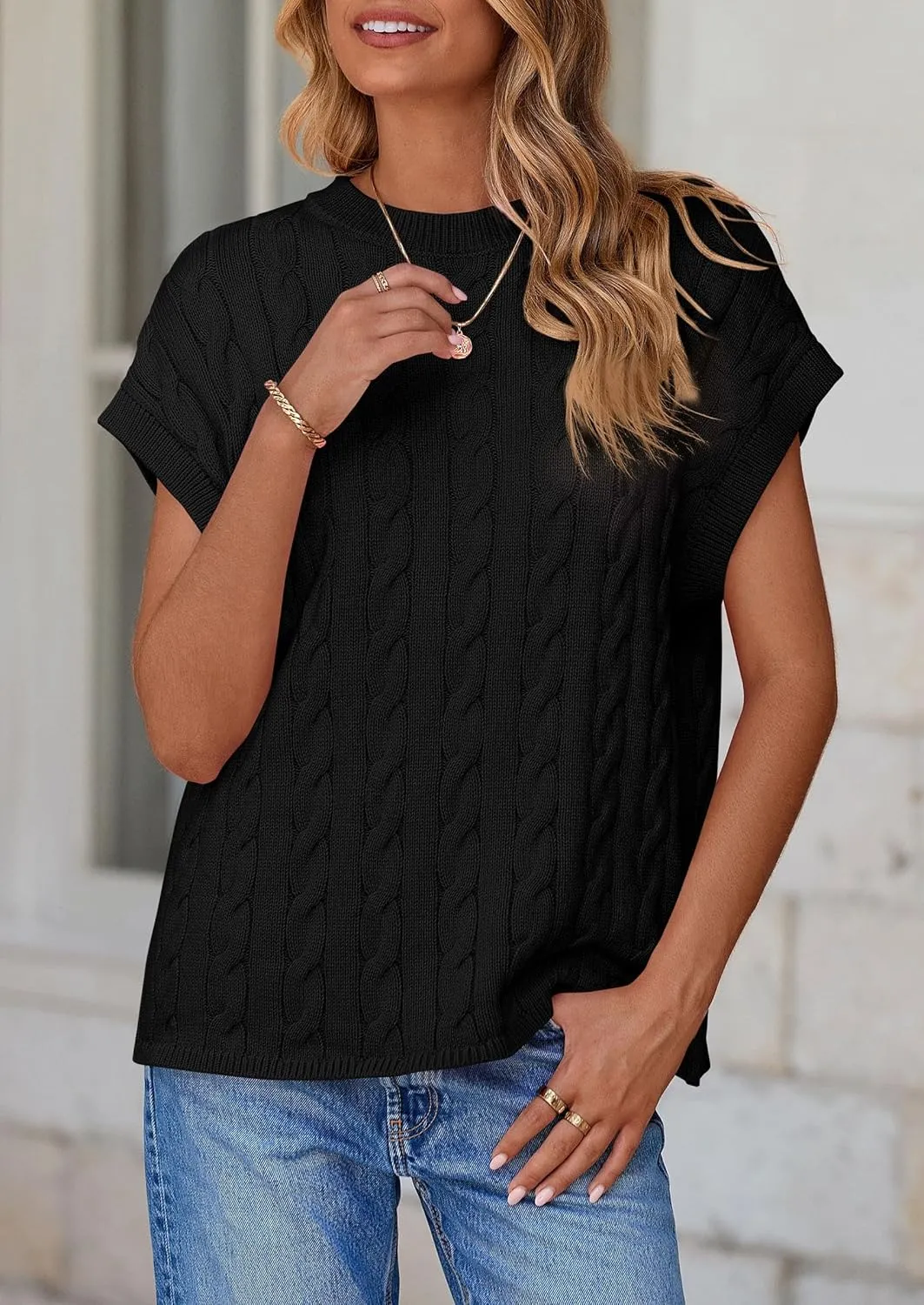 PRETTYGARDEN Women's Sweater Vest 2025 Summer Short Sleeve Tops Casual Crewneck Knit Oversized Pullover Trendy Spring Outfits