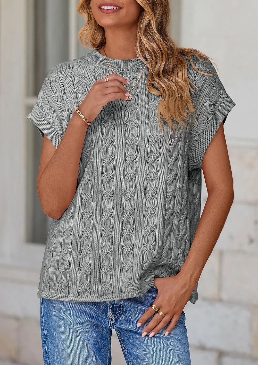 PRETTYGARDEN Women's Sweater Vest 2025 Summer Short Sleeve Tops Casual Crewneck Knit Oversized Pullover Trendy Spring Outfits
