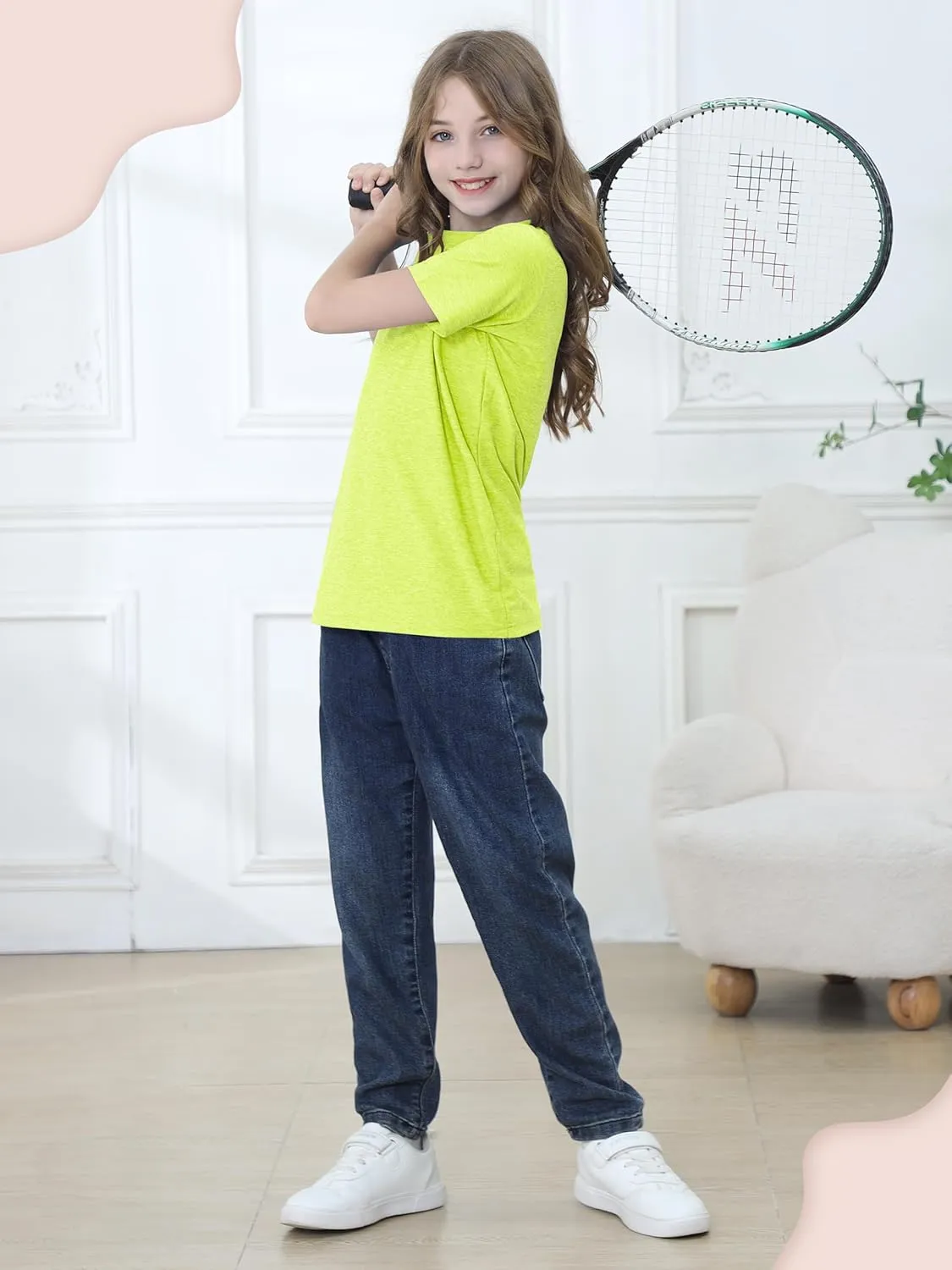 QWE 5 Pack Girls Shirts Athletic Short Sleeve T-Shirts Dry Fit Crew Neck Shirts Tops for Girls Youth Teens 5-18 Years