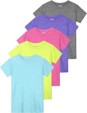 QWE 5 Pack Girls Shirts Athletic Short Sleeve T-Shirts Dry Fit Crew Neck Shirts Tops for Girls Youth Teens 5-18 Years