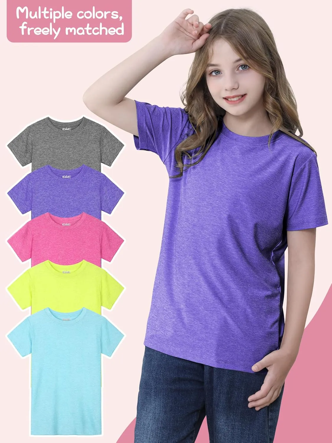 QWE 5 Pack Girls Shirts Athletic Short Sleeve T-Shirts Dry Fit Crew Neck Shirts Tops for Girls Youth Teens 5-18 Years