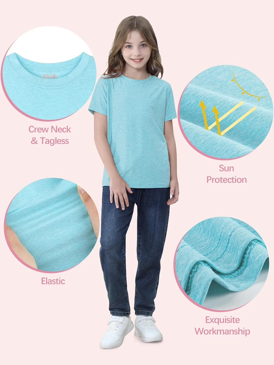 QWE 5 Pack Girls Shirts Athletic Short Sleeve T-Shirts Dry Fit Crew Neck Shirts Tops for Girls Youth Teens 5-18 Years