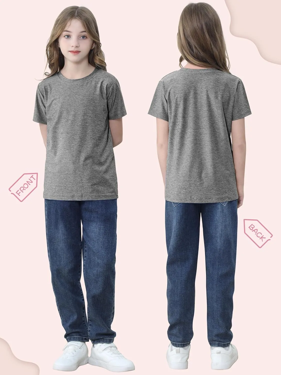 QWE 5 Pack Girls Shirts Athletic Short Sleeve T-Shirts Dry Fit Crew Neck Shirts Tops for Girls Youth Teens 5-18 Years