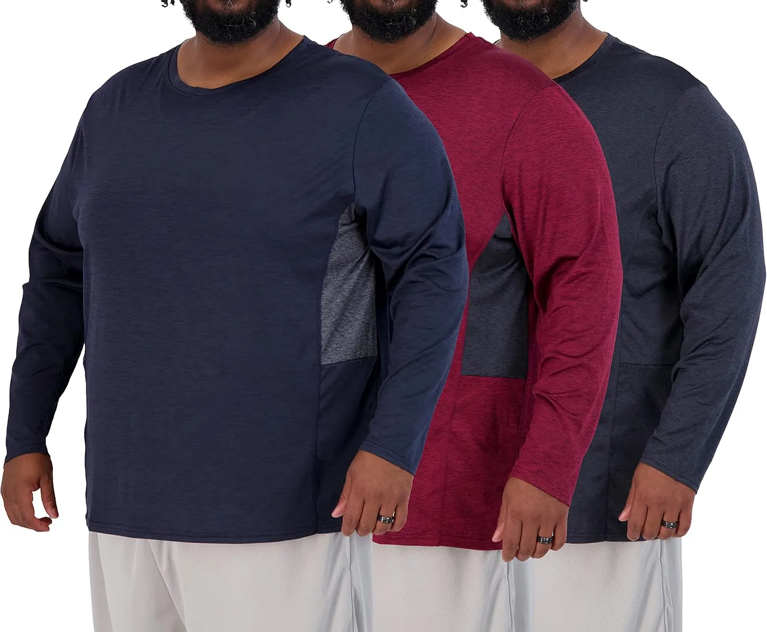 Real Essentials 3 Pack: Mens Big & Tall Tech Stretch Long-Sleeve & Short-Sleeve Dry-Fit T-Shirt (3XT-5XT)