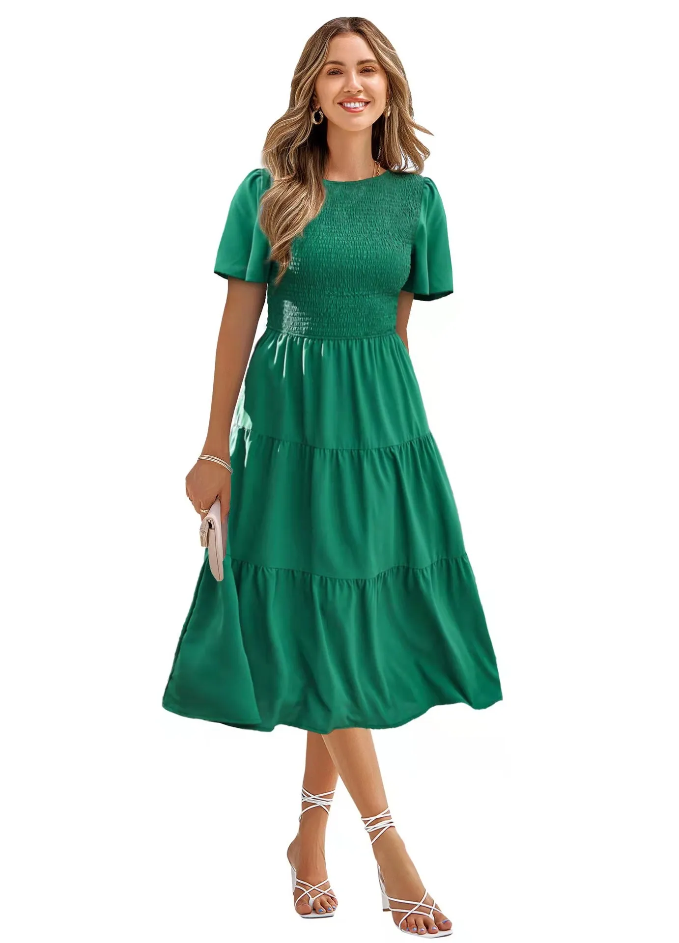 Round Neck Smocked Short Sleeve Casual Dress Swing Flowy Ruffle Hem Mini Beach Summer Dresses