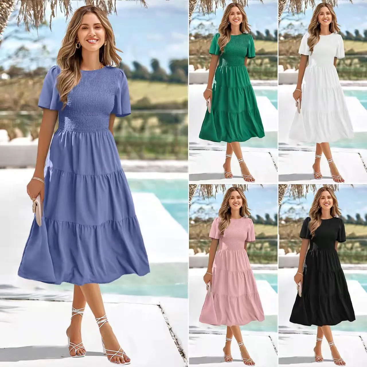 Round Neck Smocked Short Sleeve Casual Dress Swing Flowy Ruffle Hem Mini Beach Summer Dresses