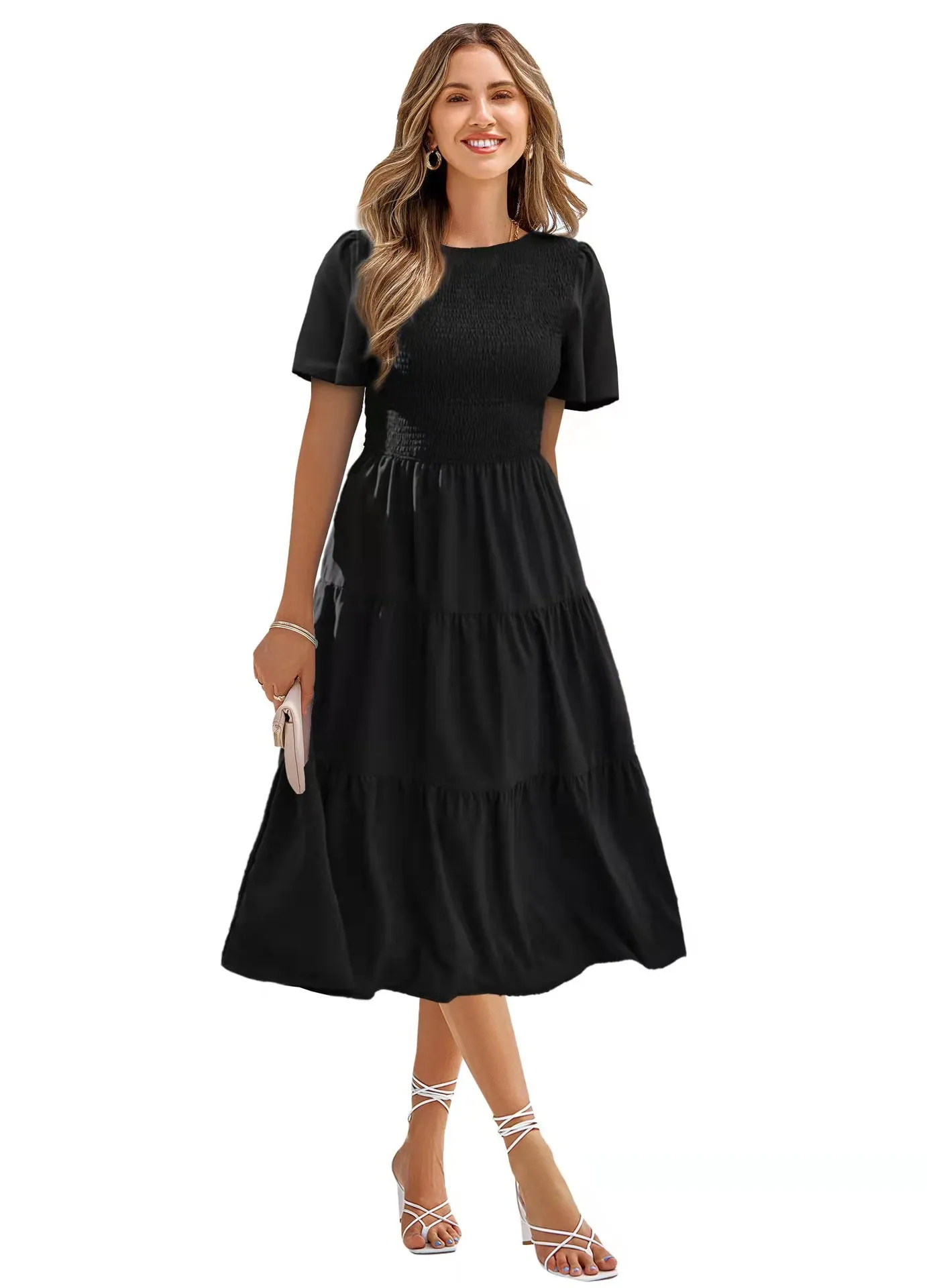 Round Neck Smocked Short Sleeve Casual Dress Swing Flowy Ruffle Hem Mini Beach Summer Dresses