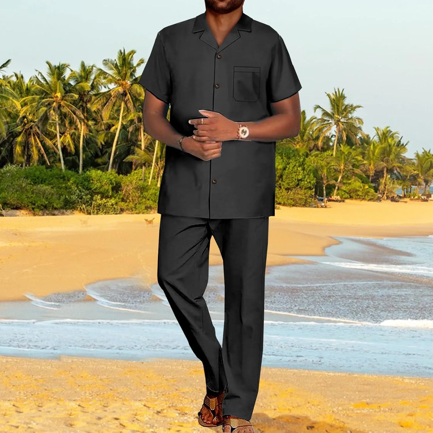 SEA&ALP African Solid Walking Suits for Men 2 Piece Shirt Pants Set Beach Loose Linen Dashiki Outfits Casual Tracksuit