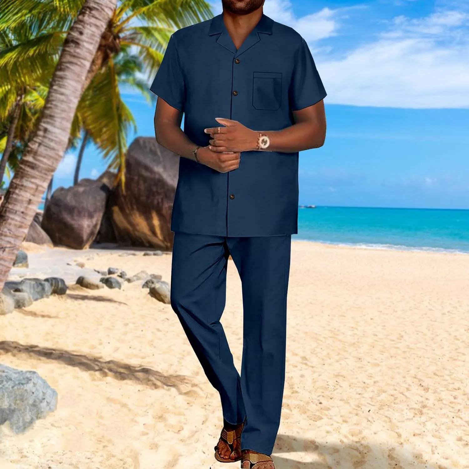 SEA&ALP African Solid Walking Suits for Men 2 Piece Shirt Pants Set Beach Loose Linen Dashiki Outfits Casual Tracksuit