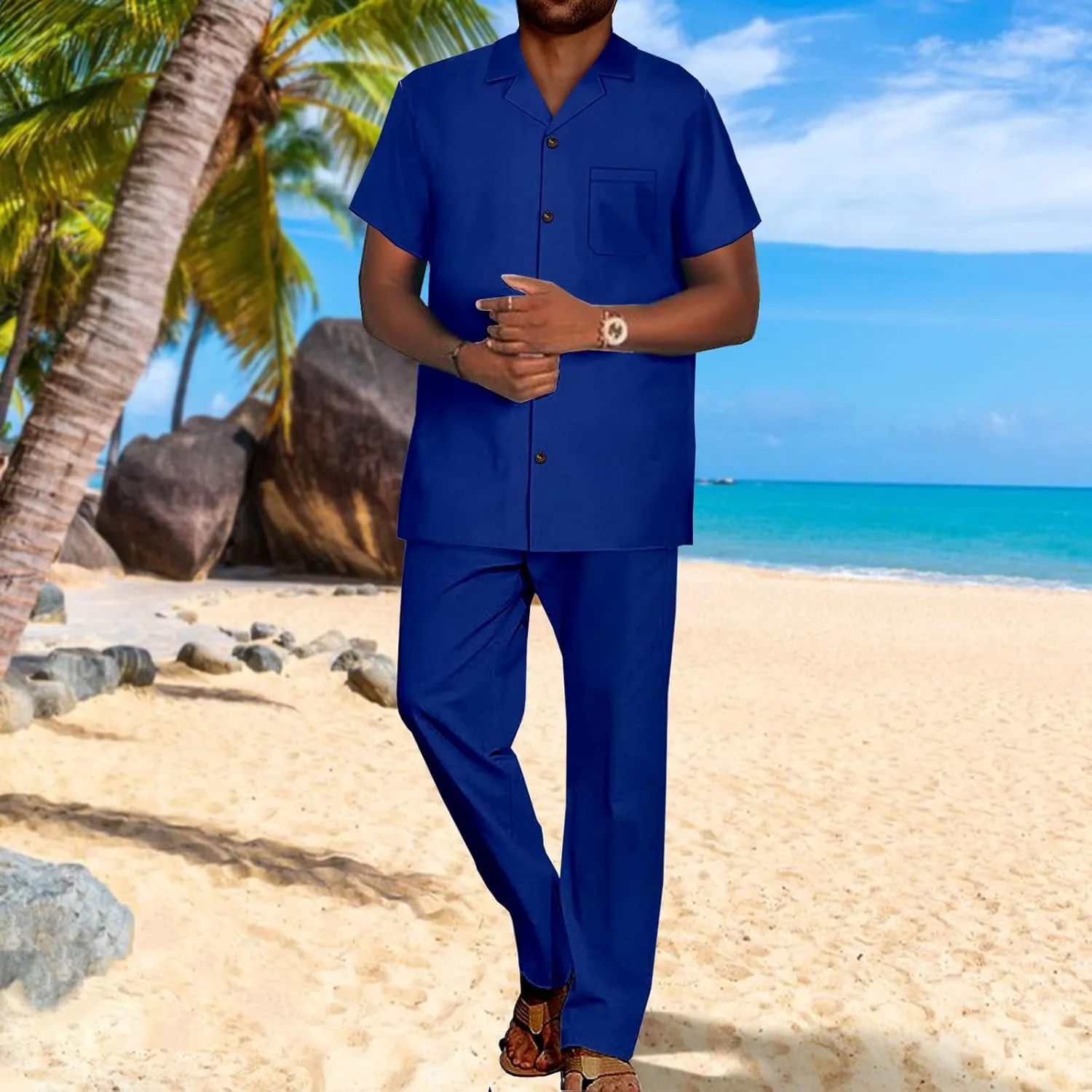SEA&ALP African Solid Walking Suits for Men 2 Piece Shirt Pants Set Beach Loose Linen Dashiki Outfits Casual Tracksuit