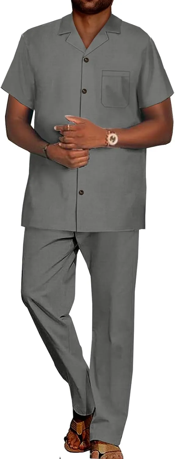 SEA&ALP African Solid Walking Suits for Men 2 Piece Shirt Pants Set Beach Loose Linen Dashiki Outfits Casual Tracksuit