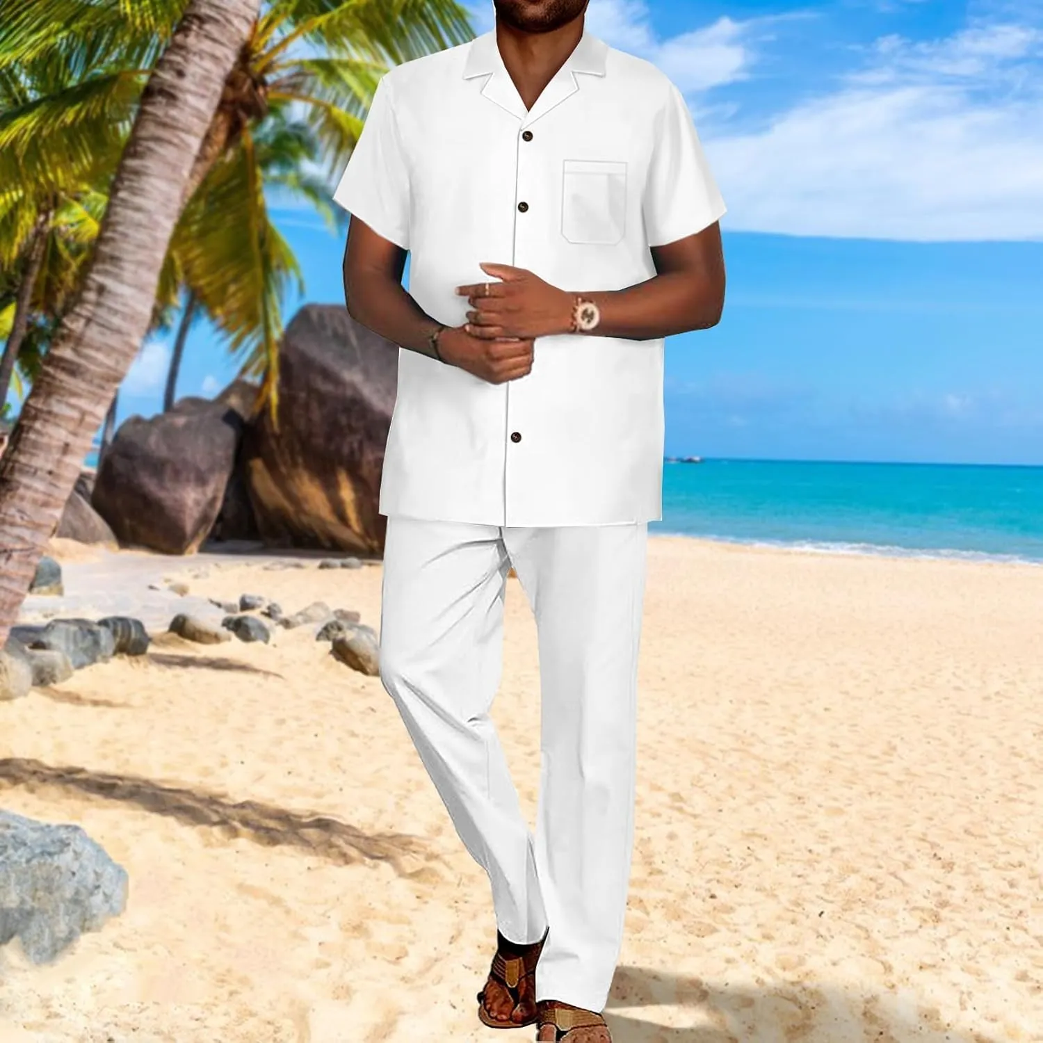 SEA&ALP African Solid Walking Suits for Men 2 Piece Shirt Pants Set Beach Loose Linen Dashiki Outfits Casual Tracksuit