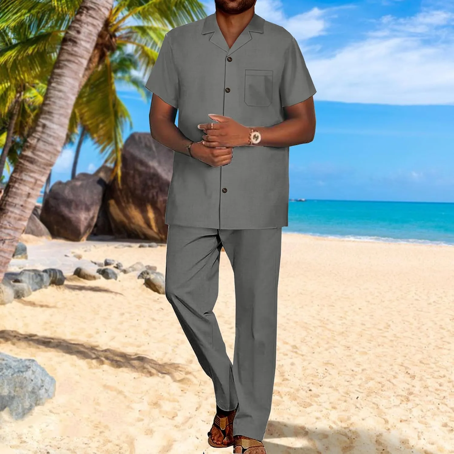 SEA&ALP African Solid Walking Suits for Men 2 Piece Shirt Pants Set Beach Loose Linen Dashiki Outfits Casual Tracksuit