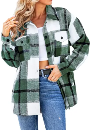 SHEJIZE Women's Casual Shacket Jacket Plaid Shirts Flannel Blouses Button-Down Shirts
