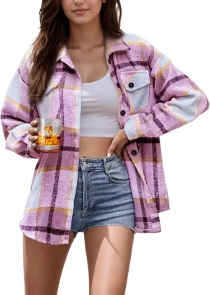 SHEJIZE Women's Casual Shacket Jacket Plaid Shirts Flannel Blouses Button-Down Shirts