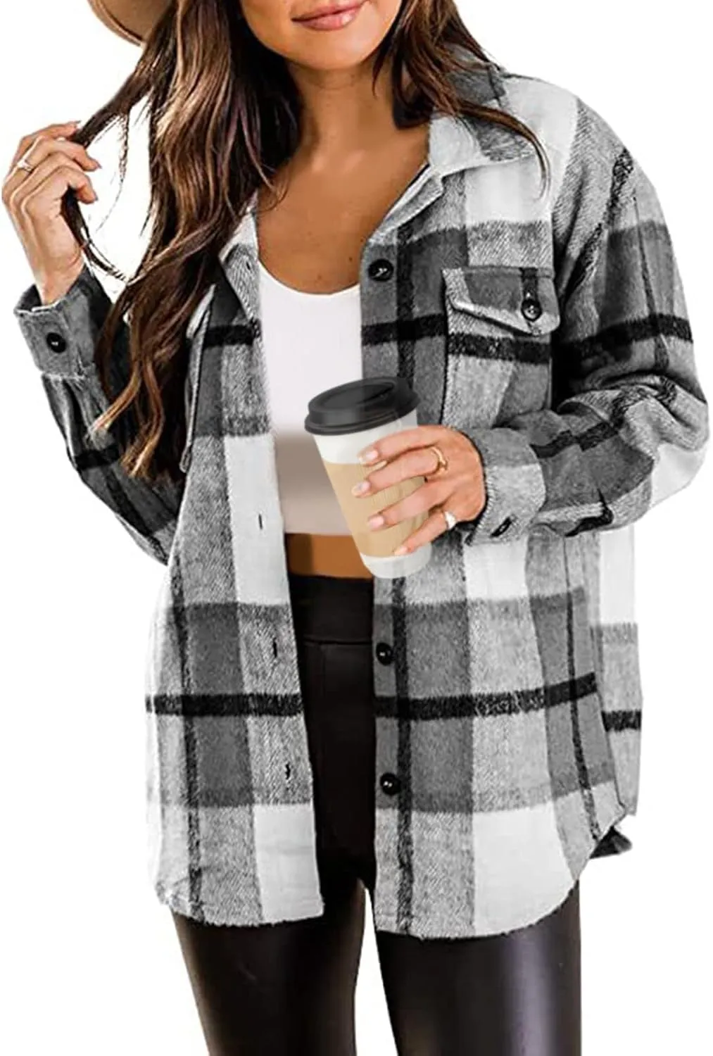 SHEJIZE Women's Casual Shacket Jacket Plaid Shirts Flannel Blouses Button-Down Shirts