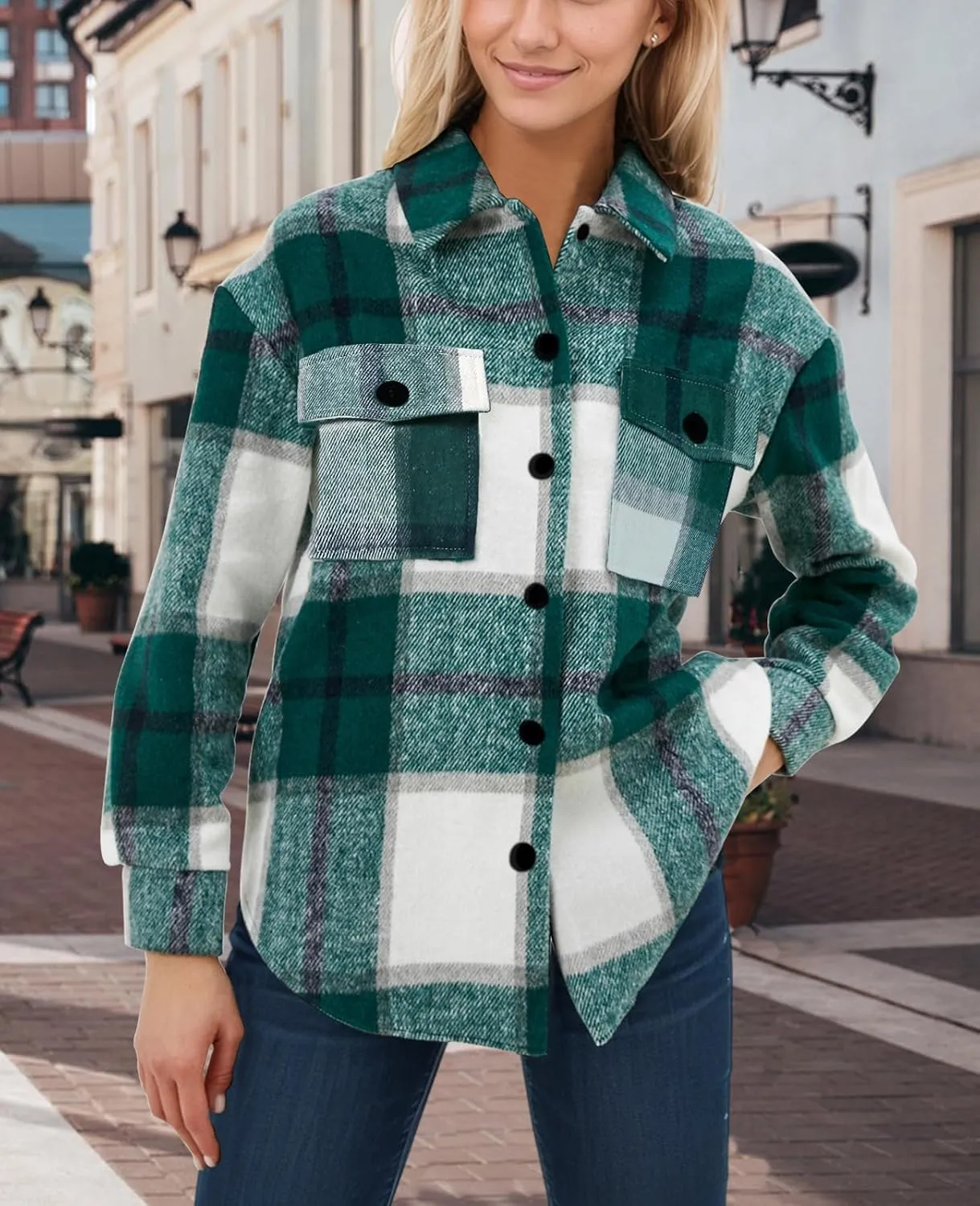 SHEJIZE Women's Casual Shacket Jacket Plaid Shirts Flannel Blouses Button-Down Shirts