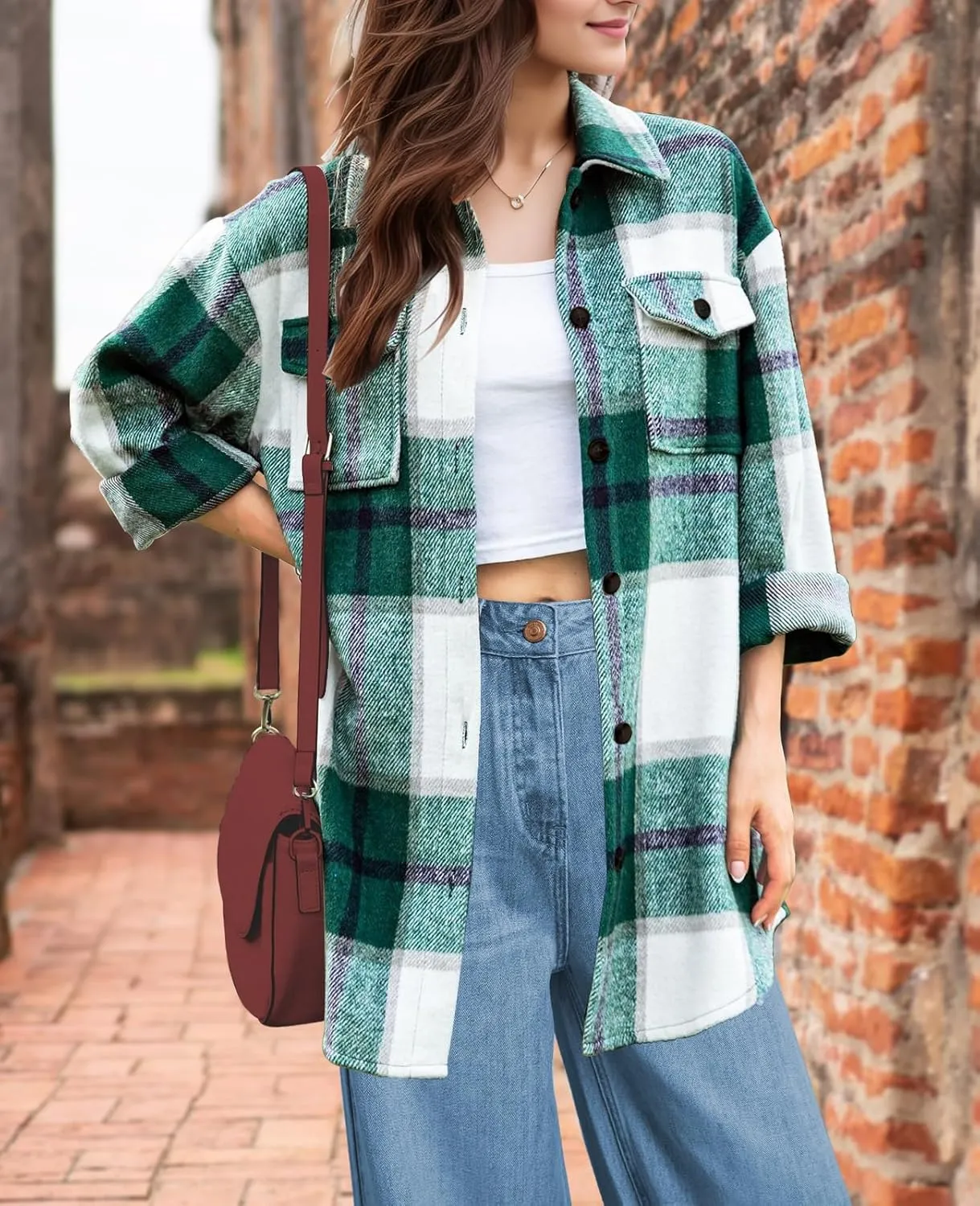 SHEJIZE Women's Casual Shacket Jacket Plaid Shirts Flannel Blouses Button-Down Shirts