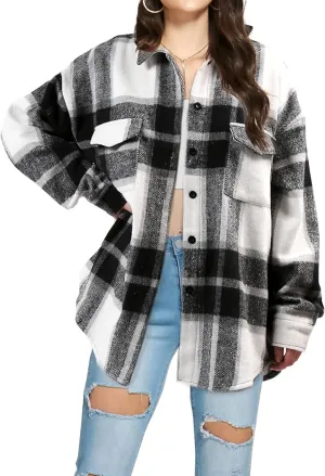 SHEJIZE Women's Casual Shacket Jacket Plaid Shirts Flannel Blouses Button-Down Shirts