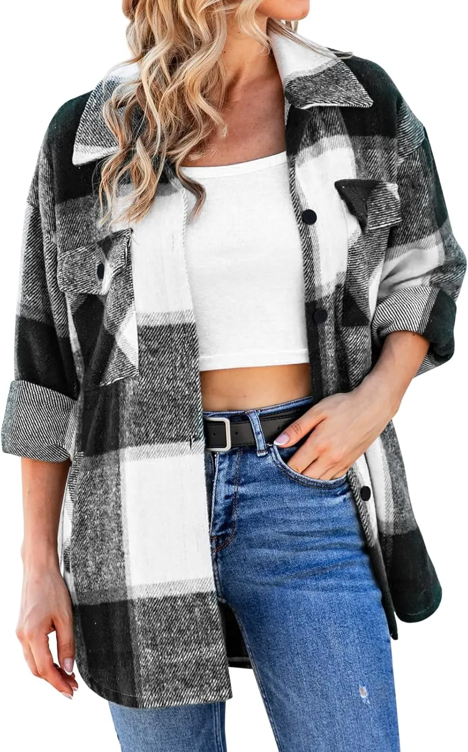 SHEJIZE Women's Casual Shacket Jacket Plaid Shirts Flannel Blouses Button-Down Shirts