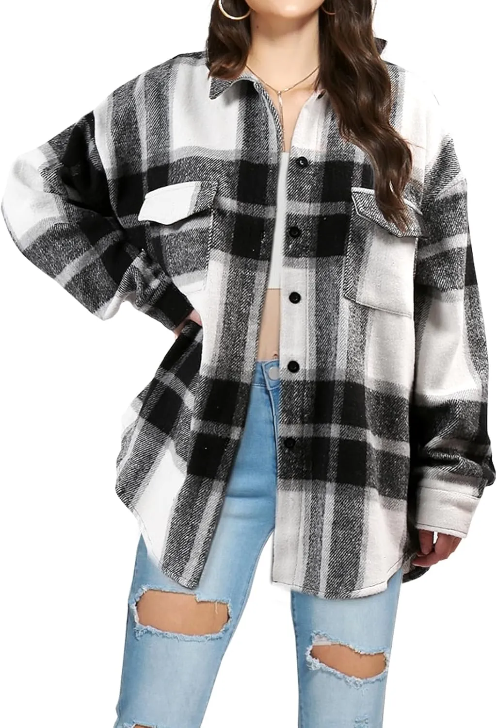 SHEJIZE Women's Casual Shacket Jacket Plaid Shirts Flannel Blouses Button-Down Shirts