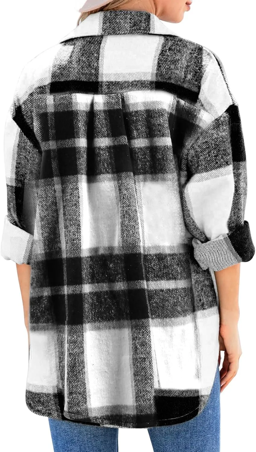 SHEJIZE Women's Casual Shacket Jacket Plaid Shirts Flannel Blouses Button-Down Shirts